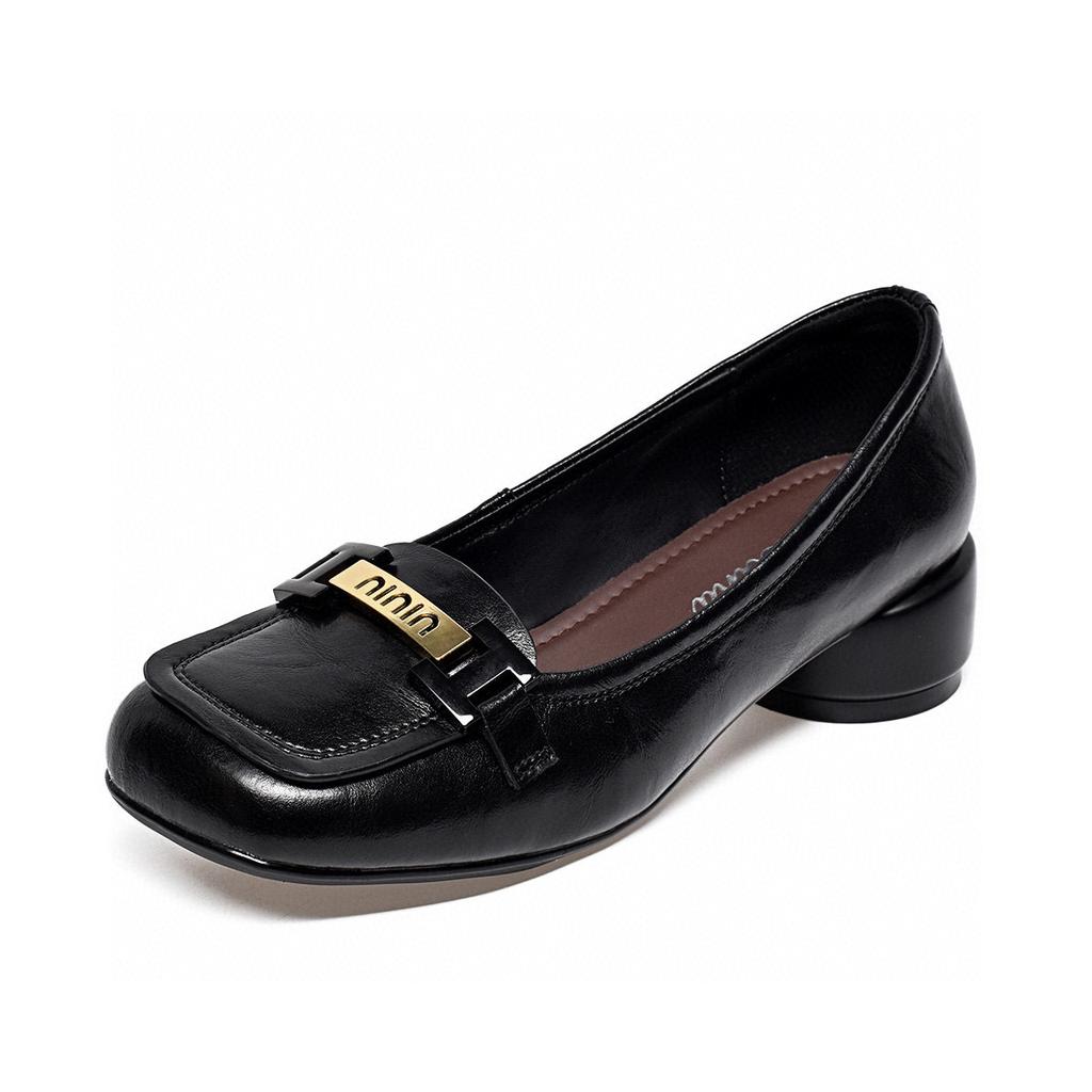 Square head flat shoes women's 2025 shallow mouth one pedal low heel single shoes comfortable loafers thick heel metal buckle lazy shoes