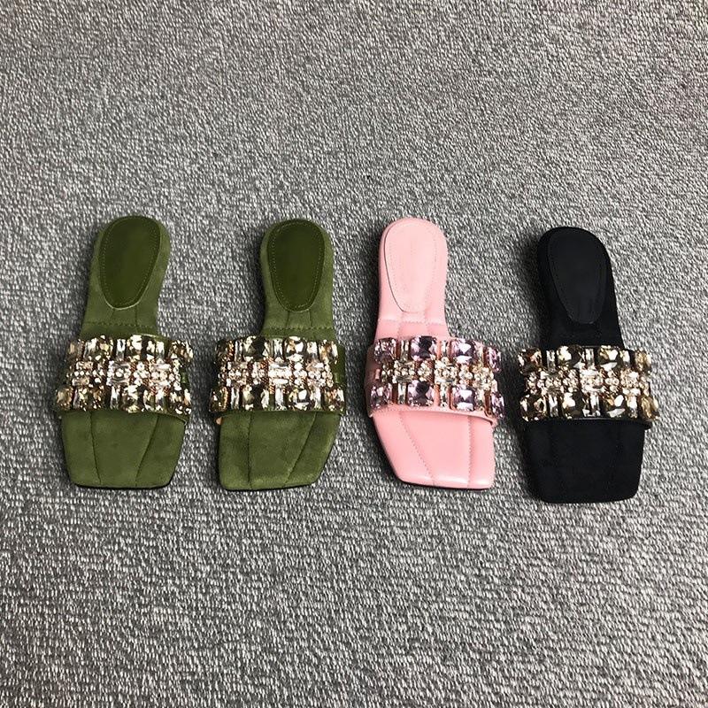 2025 Bonbonfarbe Oberbekleidung Damen Schleife Temperament eckige Zehenpartie Fee offene Zehenpartie coole Slipper Strass französisch