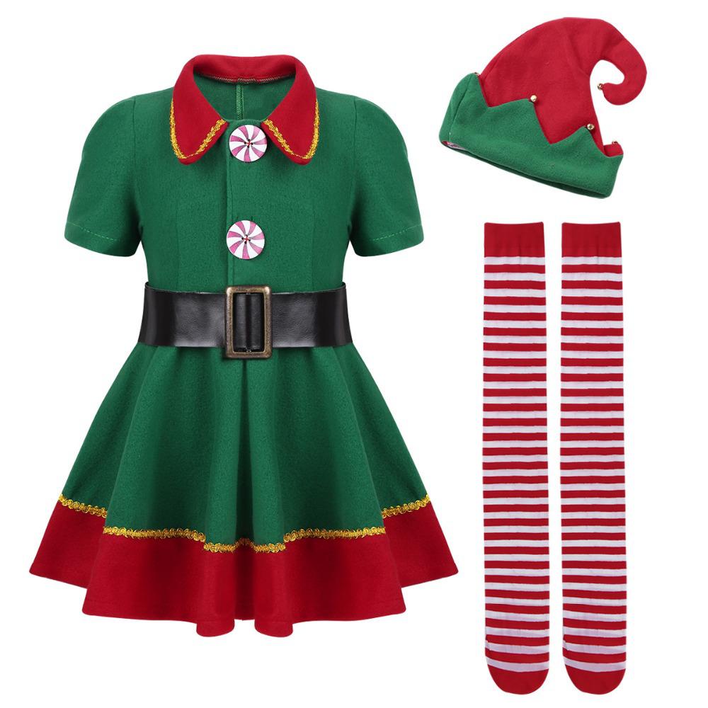 Weihnachten Elf Kostüm für Mädchen Frauen Familie passende Kleidung Neujahr Outfit Damen Santa Claus Cosplay Hut Frauen Kleid Kostüme Set
