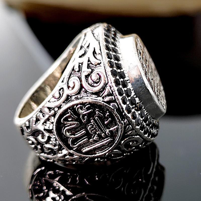 Jianjie Traditional Retro Muslim Islamic Script Turkish Signet Ring for Men Classic Black Zircon Inlaid Unique Jewelry Trend