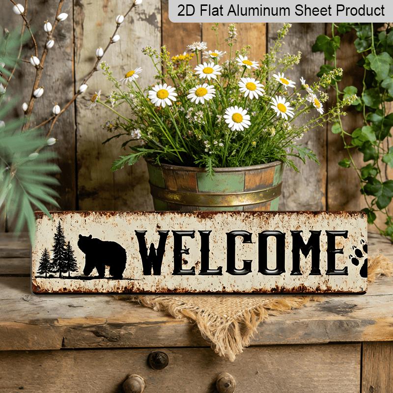2D Flat, 1pc, 3.94 X 15.74 Inches Aluminum Decorative Sign -Rustic Bear Silhouette Metal Wall Decor - Vintage Cabin Sign with Welcome Bear & Paw