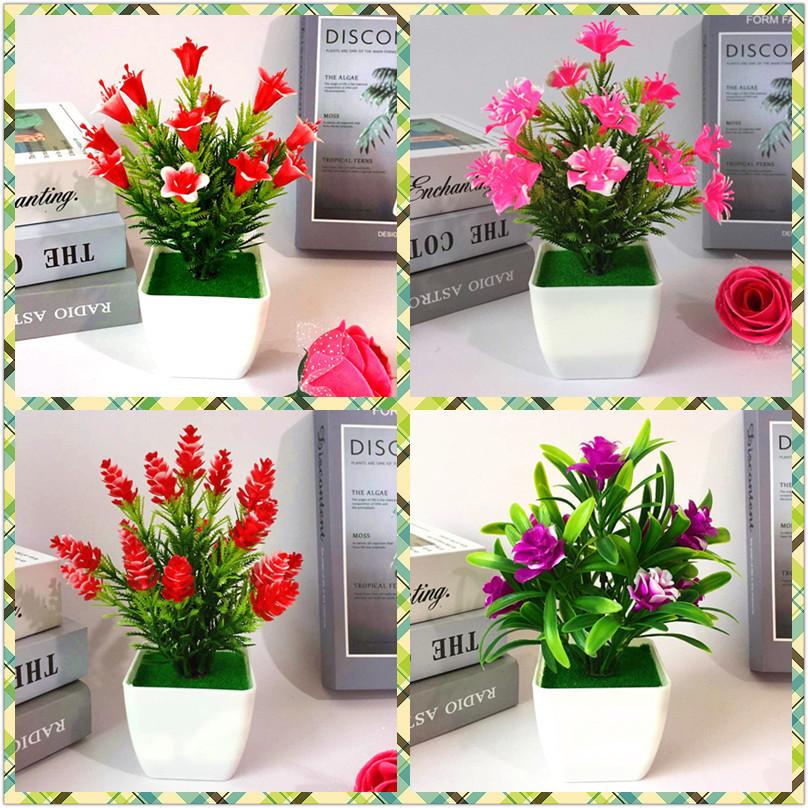 Plastic Lily Cherry Blossom Rose Flowers Potted Plant For Decor Home