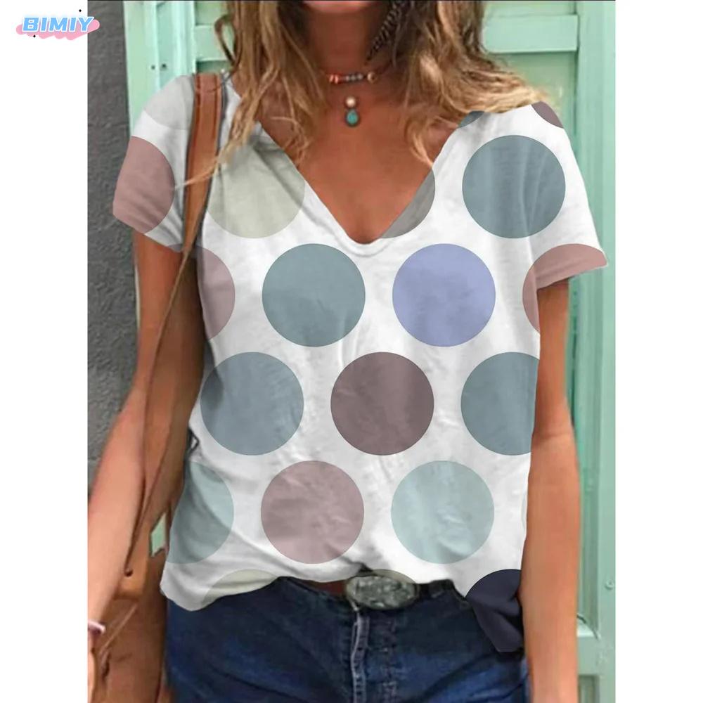 2025 dámské tričko s výstřihem do V, retro potisk s puntíky, módní dámské volnočasové tričko s krátkým rukávem, top pro ženy na léto