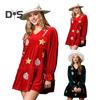 Women Christmas Dress Festive Star Print Patchwork Sequin A-line Pleated V Neck Long Sleeves Ruffles Velvet Party New Year Mini Dress