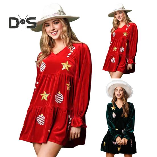 Women Christmas Dress Festive Star Print Patchwork Sequin A-line Pleated V Neck Long Sleeves Ruffles Velvet Party New Year Mini Dress