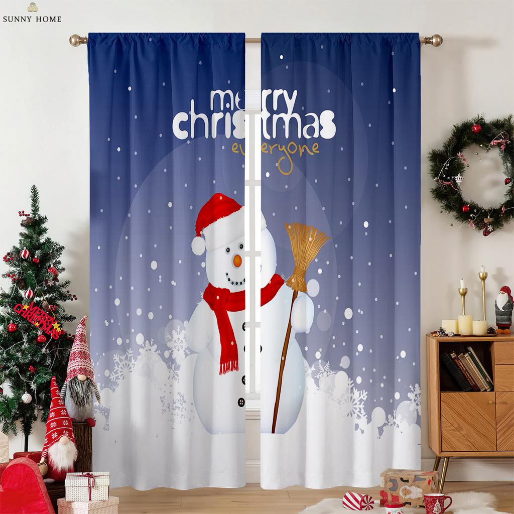 Cartoon Snowman Christmas Decorative Curtains Suitable for Bedroom Restaurant New Year Party Decorative Curtains 2 Pieces