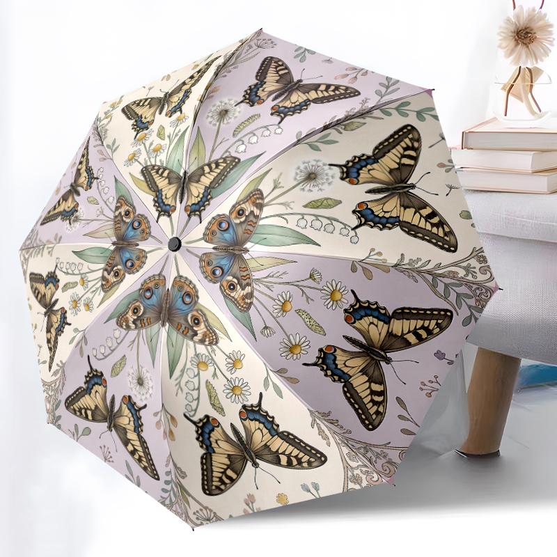 

1pc Sturdy 8-Bone Auto Umbrella, Elegant Pink Butterfly Golden Butterflies Umbrella, Digital Printed, Foldable Umbrella for On-the-Go Outdoor Use