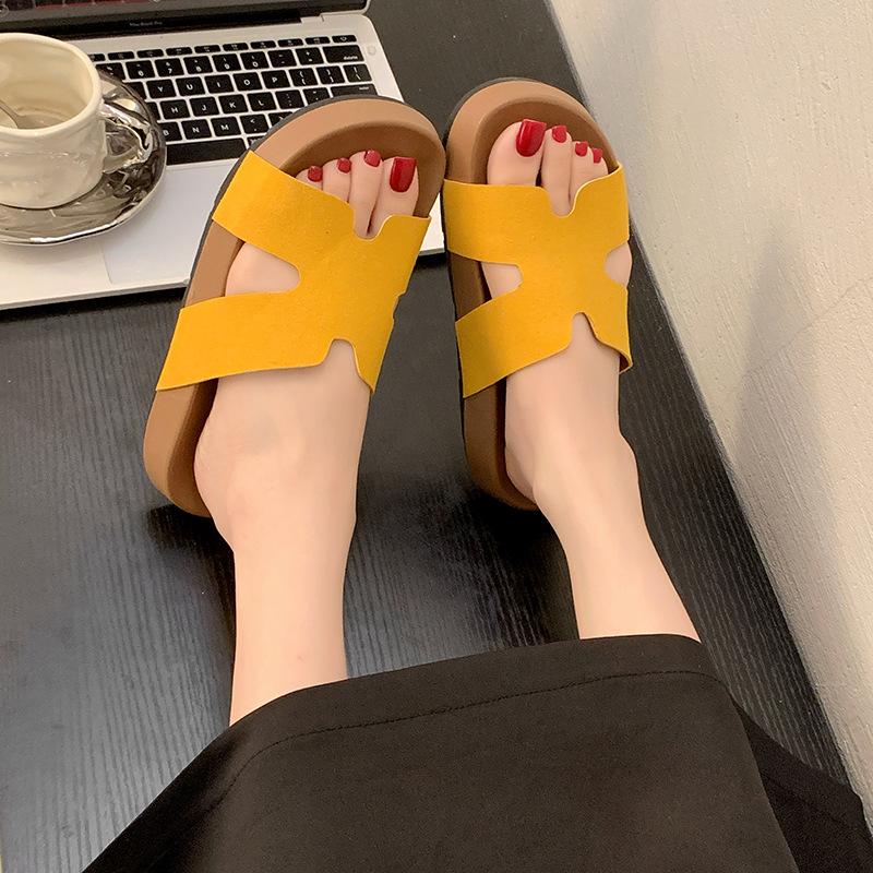 Simple New H-type Solid Color Thick Bottom One-word Drag Outer Wear 2025 Summer Round Head Cool Slippers 2025 Direct Sales