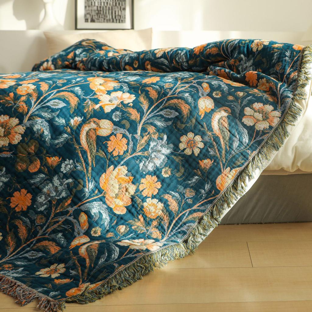 Retro Bedspread On The Bed Cotton Multilayer Gauze Floral Bird Towel Quilt AB-Side Tassel Blanket Sofa Cover Multifunction Cover