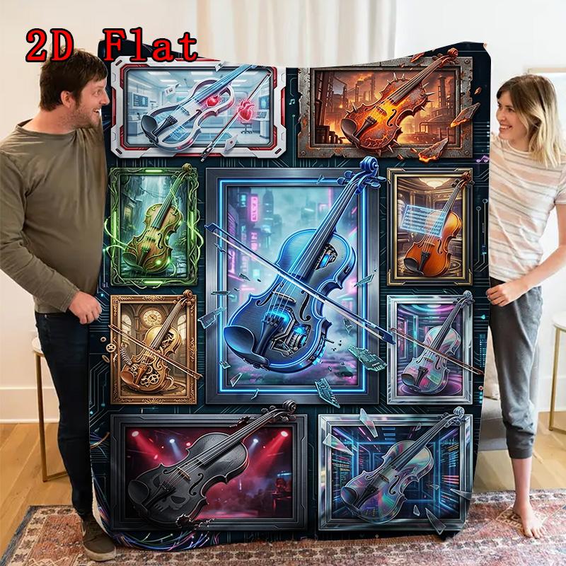 Futuristic Violin Variations 2D Flat Pattern Flannel Blanket, High Quality All Seasons, Home Decor, Warmth and Comfort, Perfect for Christmas Gifts.