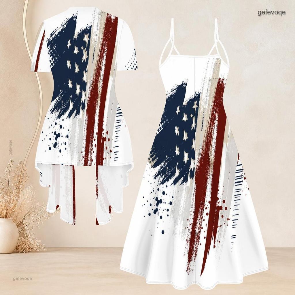 Women Plus Size American Flag Printed Two Piece Set V Neck Strappy Flared Dress Short Sleeve Cardigan