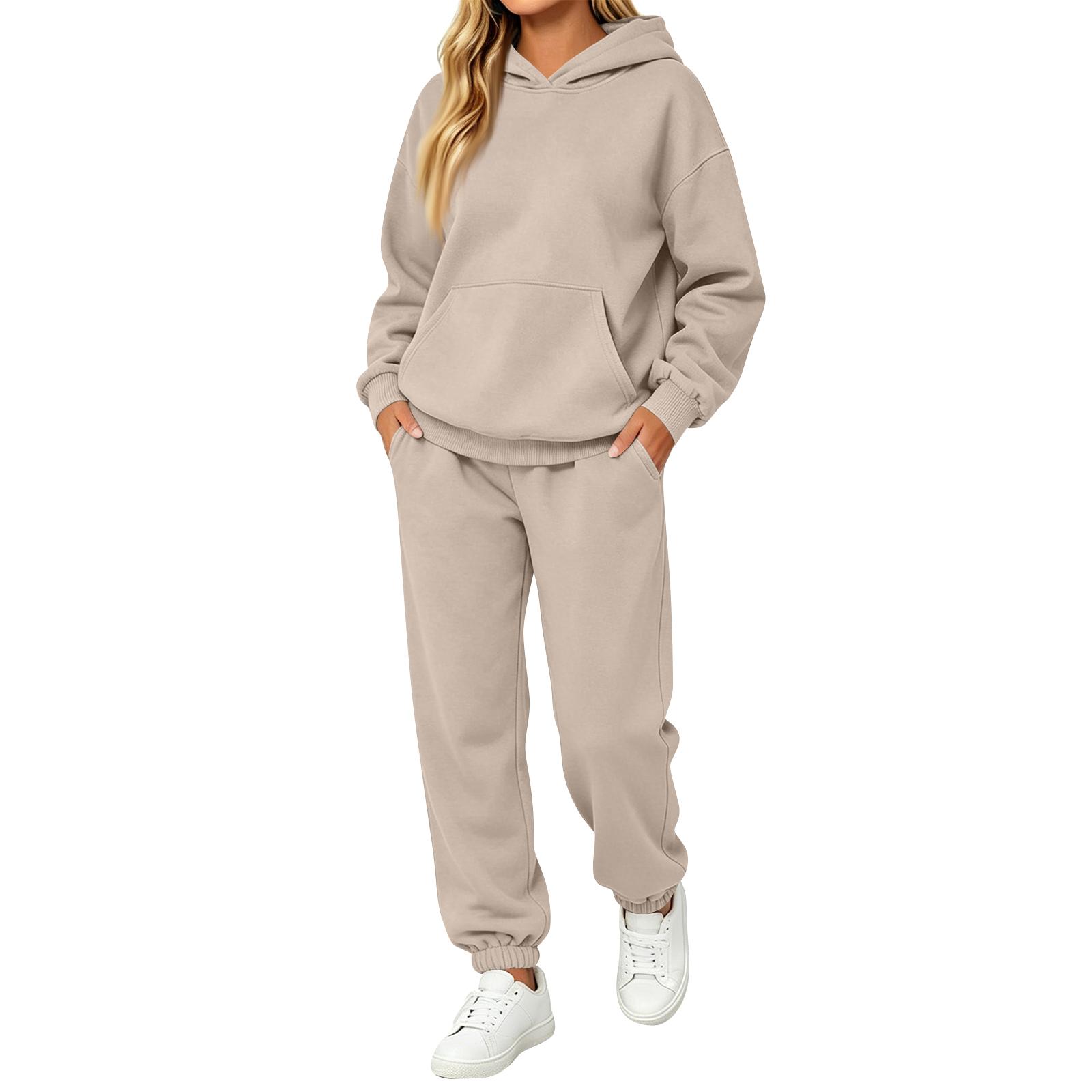 Damen 2-teiliges Sweatshirt-Set - Lässiges passendes Outfit mit Weitbein-Hose, Pullover-Oberteil und lockerer Hose für oder den täglichen Gebrauch L beige