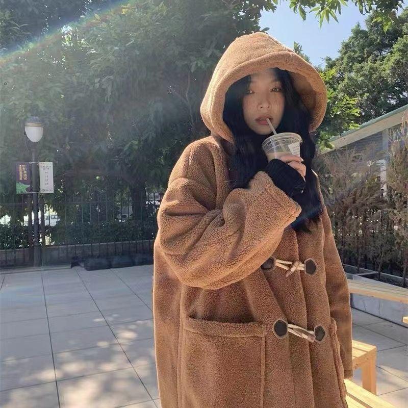 Sheep Wool Plus Velvet Thickened Loose Coat for Female Students Autumn and Winter Korean Style Windbreaker Over The Knee Cotton Coat