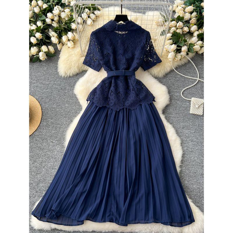 French Socialite Small Dress Women Classic Style Fancy Short Sleeve Lace Tops + Sleeveless Chiffon Pleated Dress