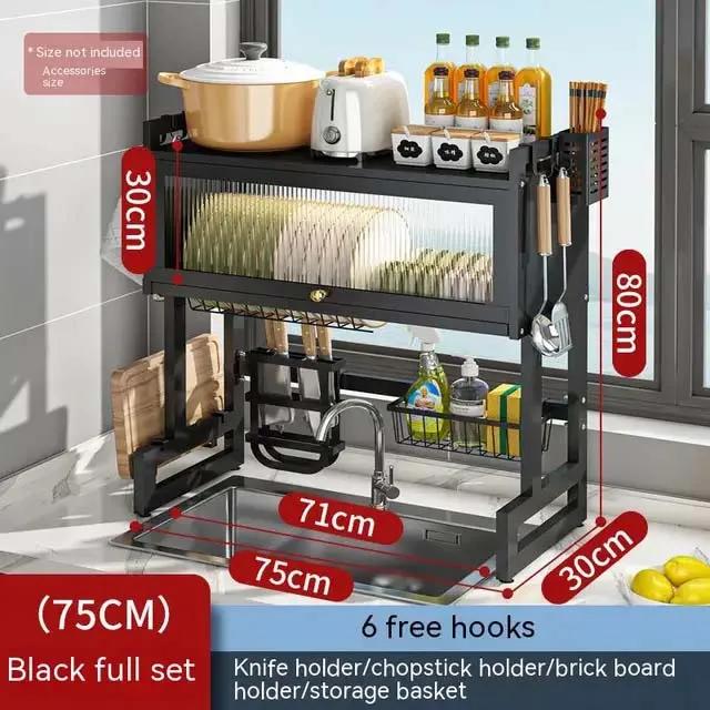 Kitchen Sink Cabinet Door Rack Countertop Sink Shelf with Door Dust-Proof Cutlery Cutting Board Drain Rack Bowl Plate Organizer