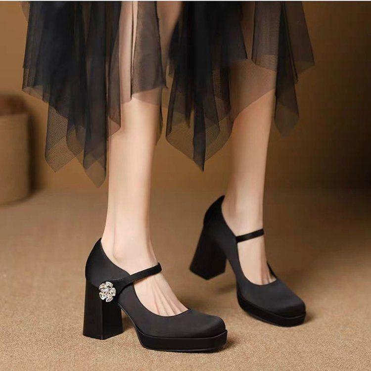 Skinny Mary Jane shoes women's 2025 autumn new thick heel Korean version with rhinestone decoration square head single shoes high heels