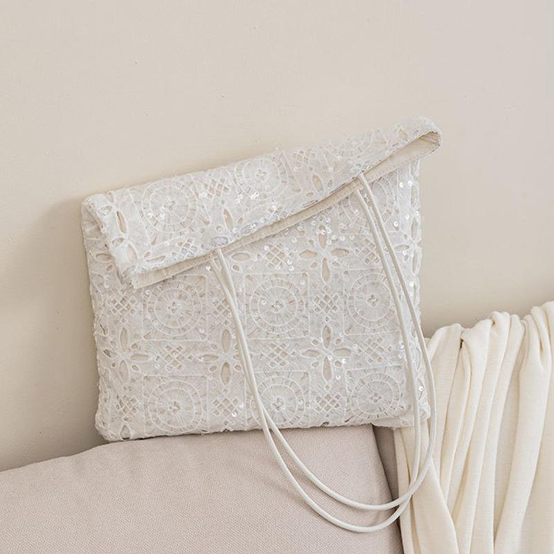 Hollow Out Embroidery Lace Shoulder Bag Flower Design Large Capacity Sequin Tote Bag Lightweight Women's Shopper Handbag CLE