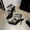 Fashion The 2025 New Black Sexy Rhinestone One-Line Buckle High Heels With Thin Heels And Roman Open-Toe Lace-Up Sandals For Women