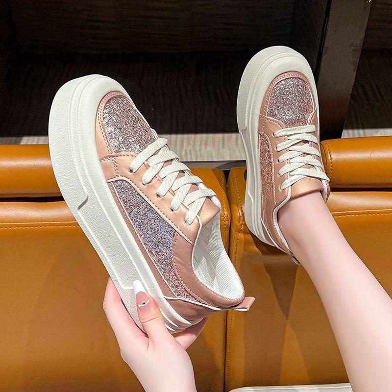 2025 New Spring and Autumn Thick-soled Fashion Board Shoes Women's Versatile Popular Rhinestone Silver Sports and Leisure Shoes Trend
