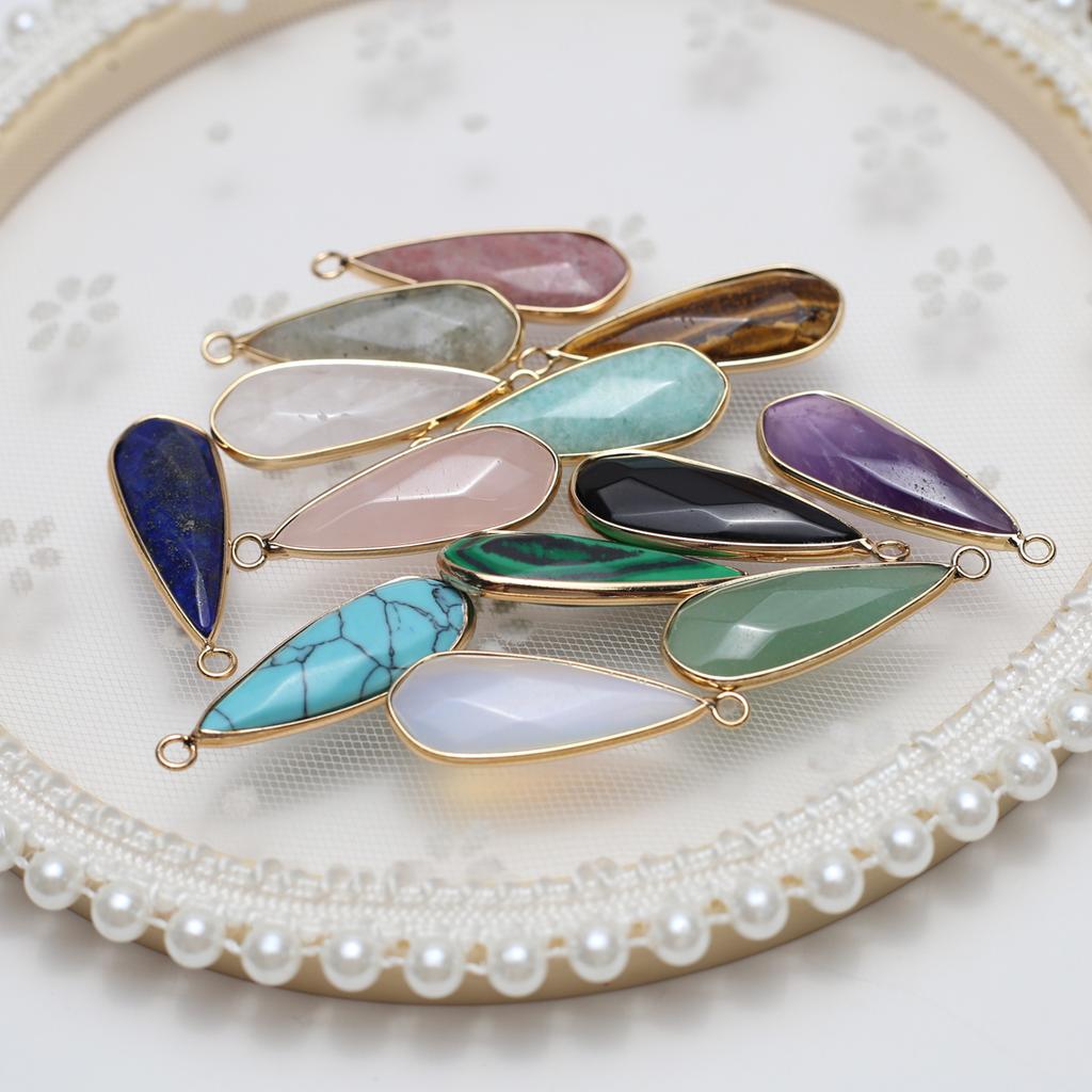 3Pcs, Faceted Natural Stone Crystal Lapis Lazuli Amethyst Gemstone Pendant, Boho Handmade Long Water Drop Charms for Jewelry Making DIY Crafts 13×35mm