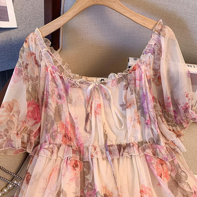 Summer Plus Size WoMan's Ruffled Chiffon Shirt Floral Short-sleeved Large Neckline Loose Chic Blouse Sweet Style