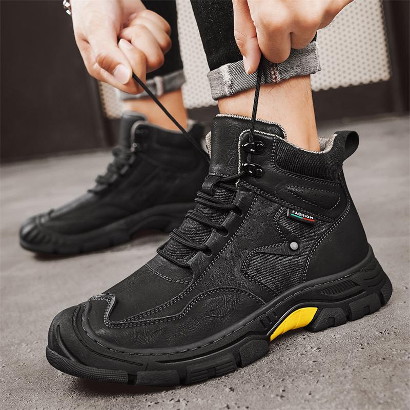 Fashion Vintage Winter Leather Mens Boots High Quality Lace-up Casual Men's Tooling Shoes Comfortable Non-Slip Mens Hiking Shoes