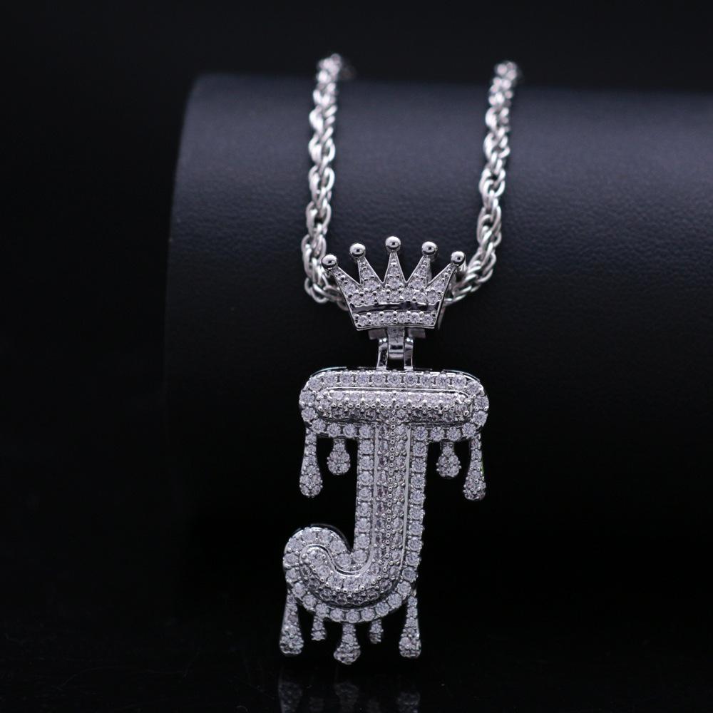 Stylish Hip Hop Zircon Crown Pendant Necklace with 26 English Letters for Women
