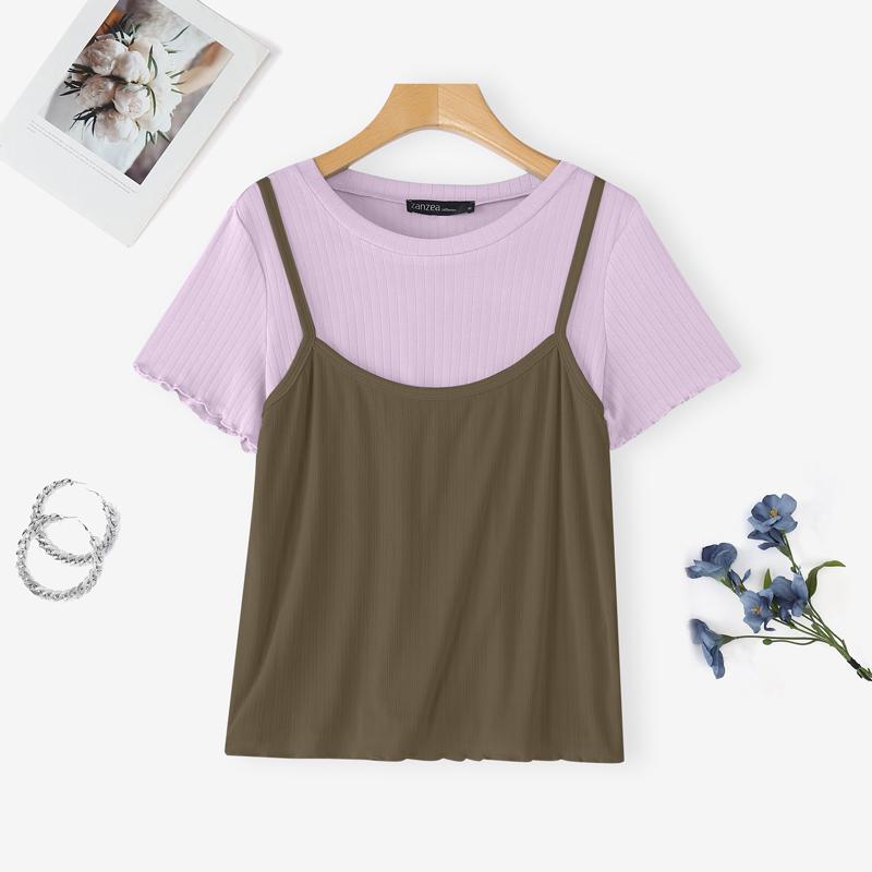 

ZANZEA Женские повседневные футболки с коротким рукавом и лоскутным дизайном из двух частей для лета