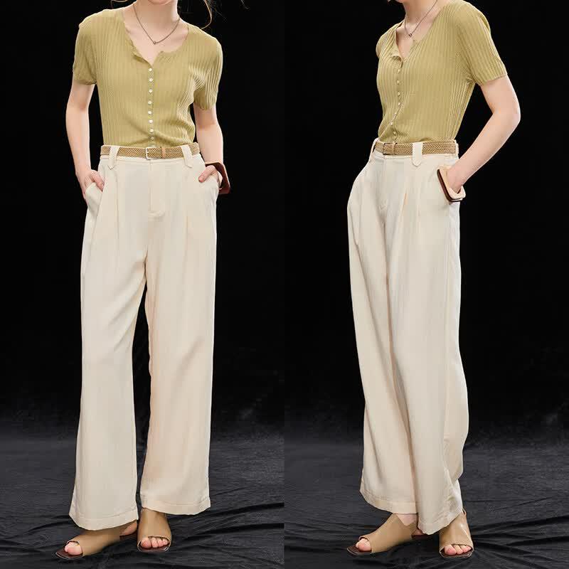 Women s Tencel Linen Blend High-Waist Wide-Leg Pants with Belt M