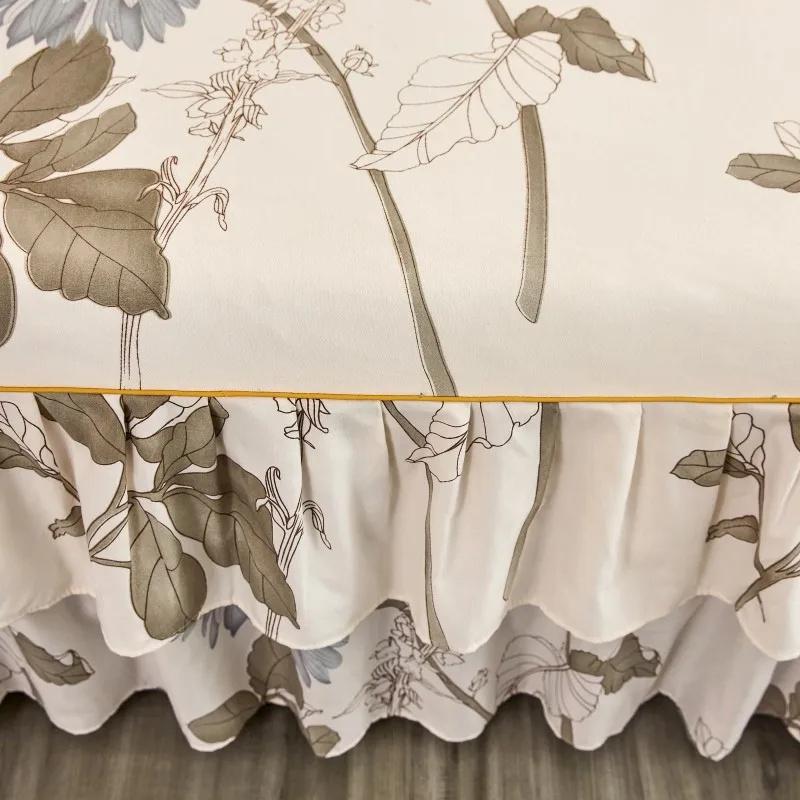 Ensemble 3 pièces Double Couche Coton Style Pastoral Housse de Lit Volants Housse de Lit Imprimé Végétal Jupe de Lit Couvre-lit Simple Double