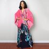 Handgemachter schwarzer & roter floraler langer Strand-Überwurf-Kimono für Damen