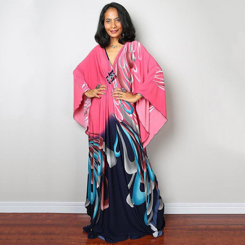 Handgemachter schwarzer & roter floraler langer Strand-Überwurf-Kimono für Damen