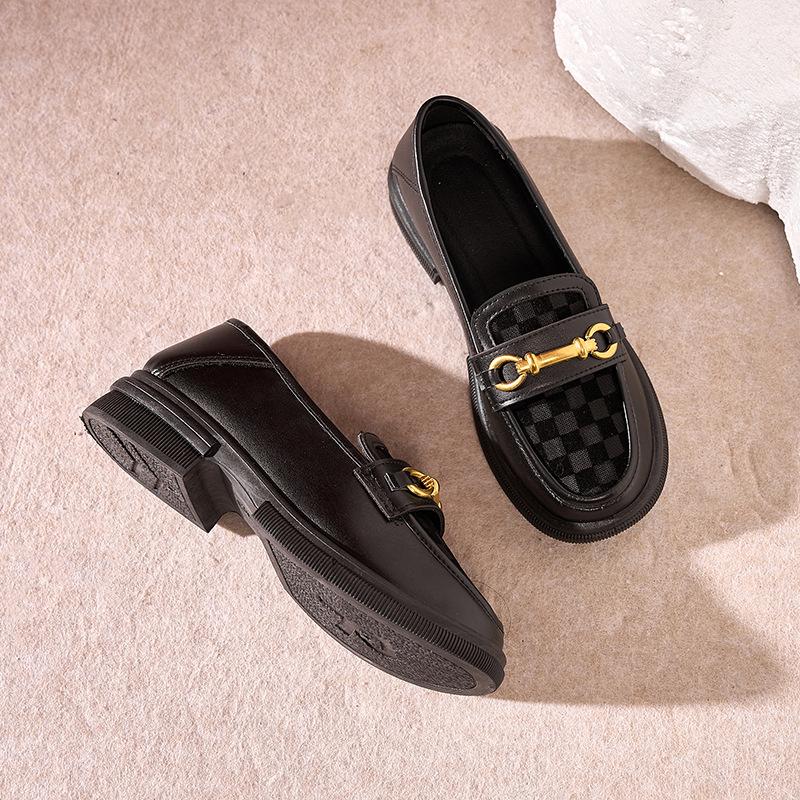 Retro round head black one-pedal thick-soled small leather shoes for women, comfortable, non-slip, flat-soled and wear-resistant women's shoes