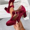 Women's High Heels 2026 Spring Retro Round Toe Velvet Mary Jane Shoes Wine Red Fashion Elegant Luxury Banquet Single Shoes