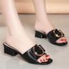 Fashion outer thick heel slippers women 2025 summer new versatile medium heel rhinestone one-word drag simple fairy sandals