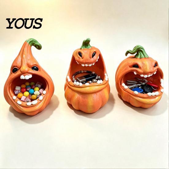 Trinket Keys Candy Holder Big Mouth Pumpkin Storage Box, Halloween Figurine Resin Jewelry Tray, Desktop Box for Home Office Desk Decor Party Ornament