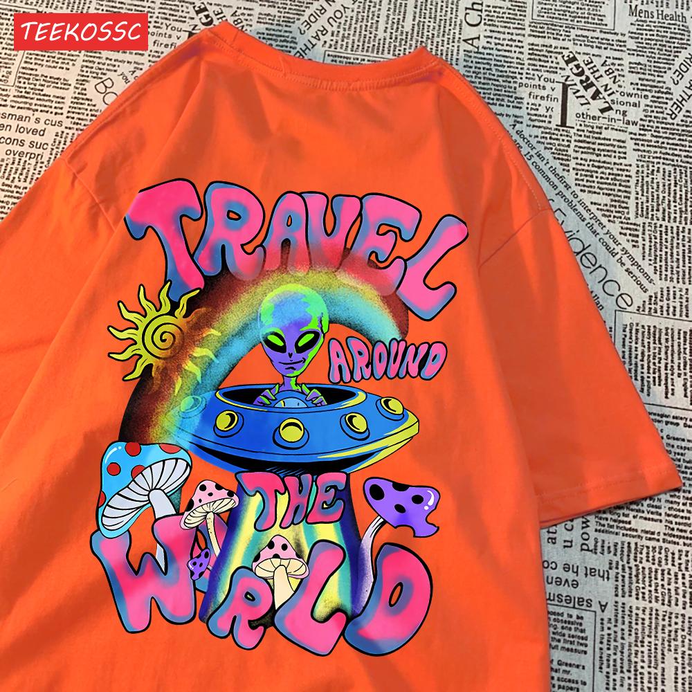 Mode Baumwolle Damen T-Shirts Alien UFO Weltreise Drucke Kurzarm Rundhalsausschnitt Weich Atmungsaktiv Street Damen Kleidung