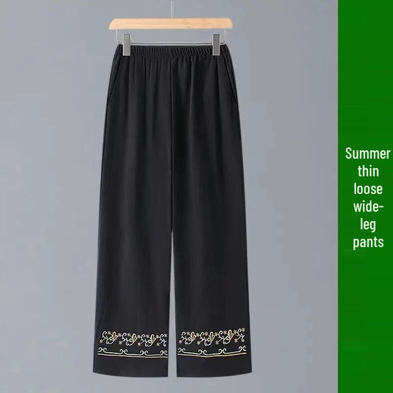 

Mom s High-Waisted Casual Cropped Straight-Leg Cotton Linen Pants with Embroidery XL (80-100 jin) чёрный