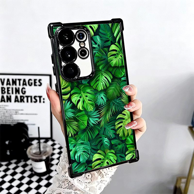 Summer Plants Green Leaf Plating Phone Case For Samsung Galaxy S24 S25 FE S26 Edge S23 Ultra S22 S21 Plus S20 Anti-Fall Airabag