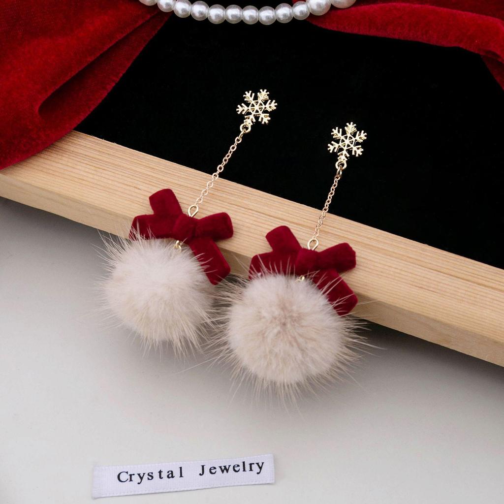 925 Silver Snowflake Tassel Earrings with Wine Red Bow