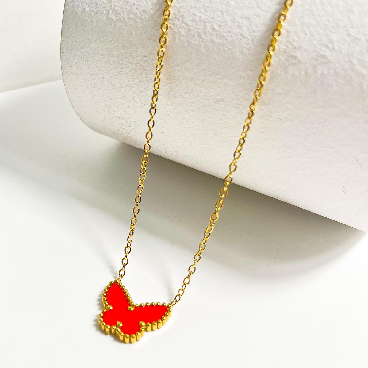 

ALTERA Luxury Butterfly Shell Pendant Necklace for Women Stainless Steel Gold Plated Chain Choker Fashion Design Zircon Gift 45cm червоний