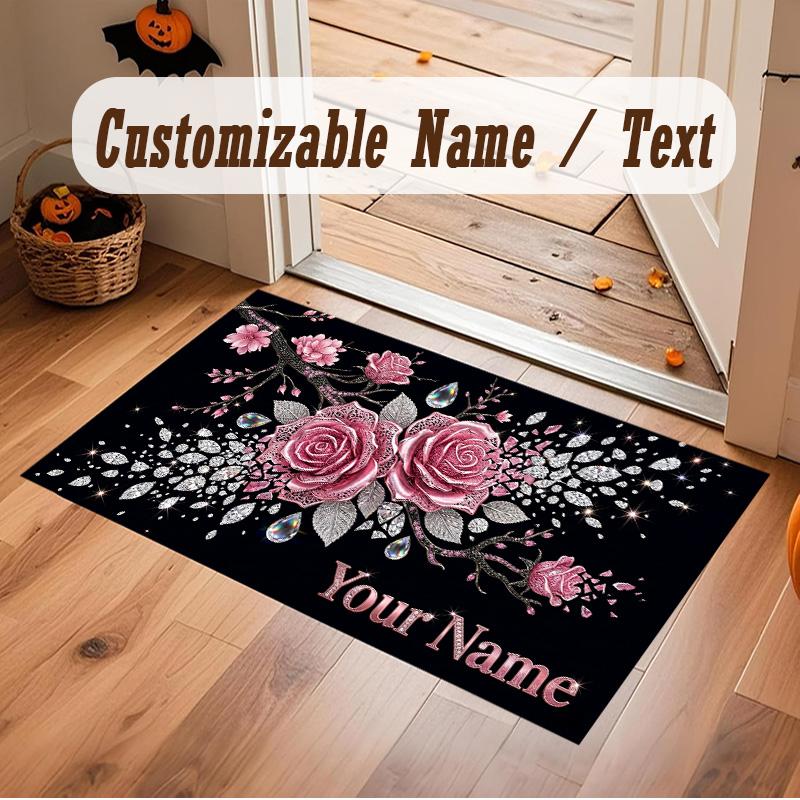 Floral Garden Theme Soft Crystal Velvet Rug Custom Name & Text Print Non Slip Floor Rug for Bedroom Living Room
