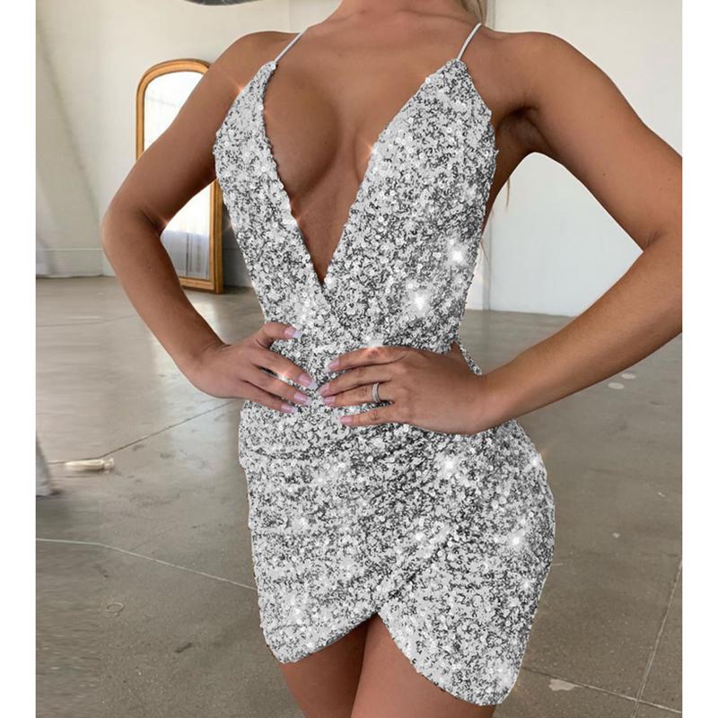 Women's Spaghetti Strap Deep V Neck Sequins Glitter Short Dress Sparkly Bodycon Evening Party Club Wear Dress