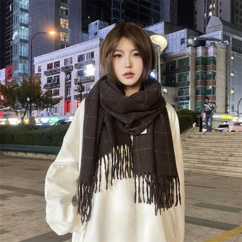 Solid Color Plaid Wool Scarf Cashmere Shawl Long Shawl Elegant Winter Cashmere Scarves  Student