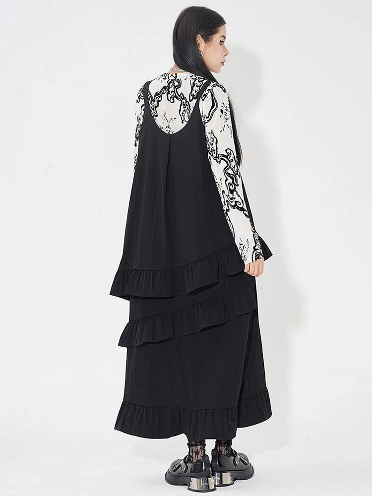 Xitao Loose Patchwork Ruffles Sling Dress Temperament Casual Women HQQ2317