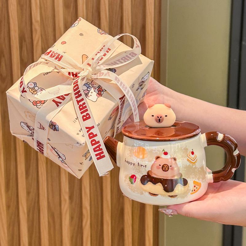 ins high-value cute kapibara kettle boy and girl couple ceramic mug with lid spoon birthday gift