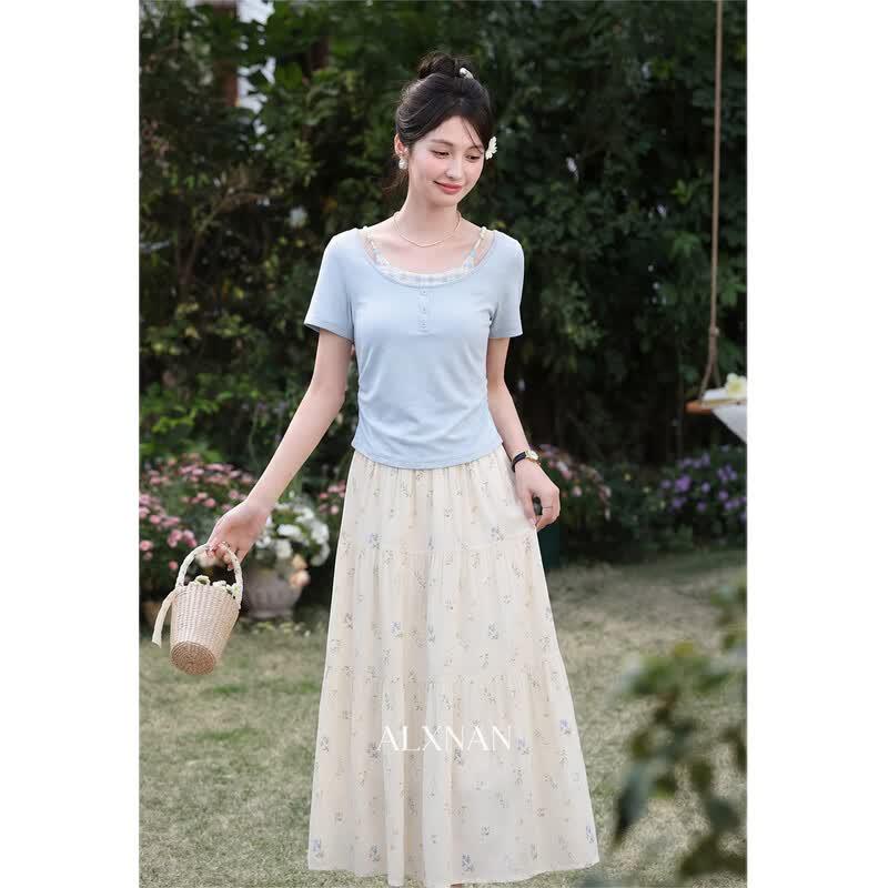 Sweet Vacation Style Faux Two-Piece Short Sleeve Top M