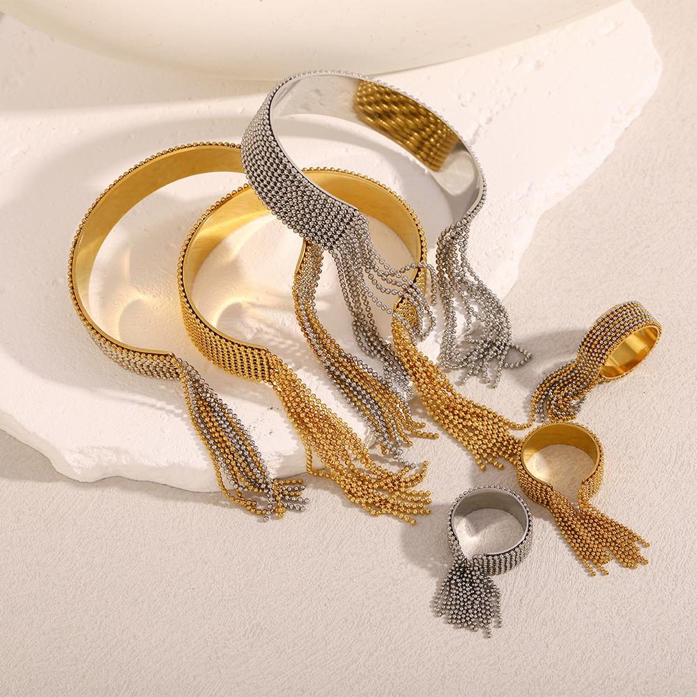 MamacitaSlay 316L Stainless Steel Chain Tassel Ring Bracelet Adjustable 18K PVD Plated Waterproof Jewelry For Women's Charm Gift
