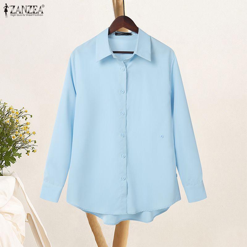 ZANZEA Women Casual Turn Down Collar Solid Color Loose Long Sleeve Blouse