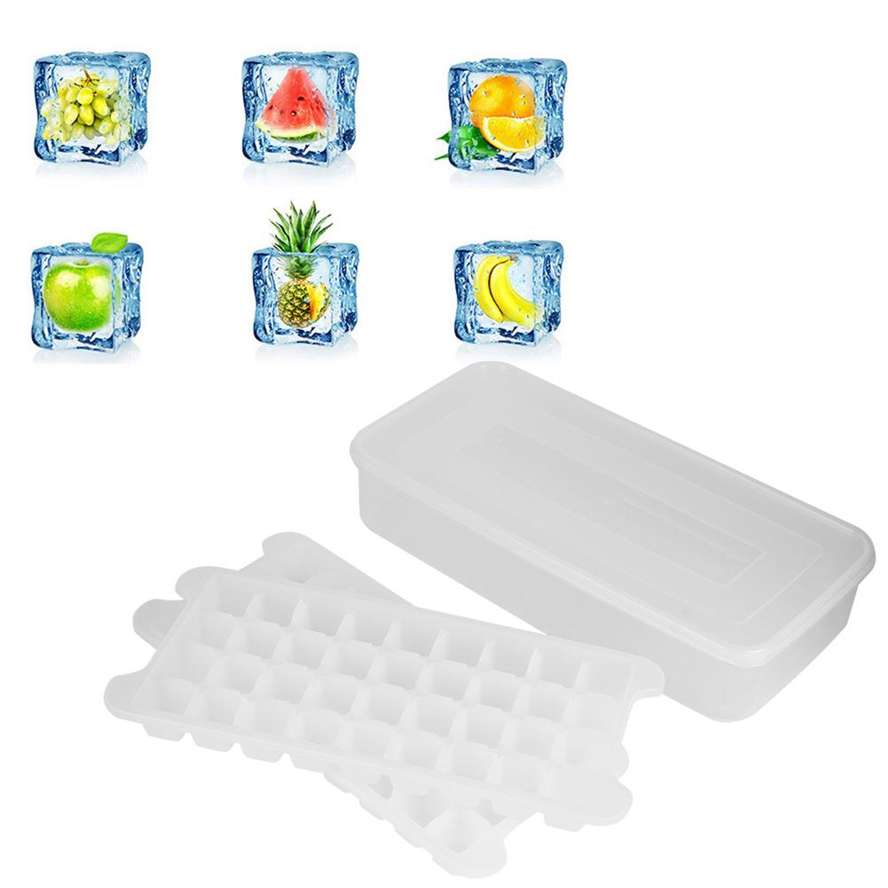 Lebensmittelecht Haushalt Küche DIY Eiswürfelform Tablett Eisbereiter mit Aufbewahrungsbox Versiegelter Deckel 1,7L Box 2 Schichten 72 Fächer